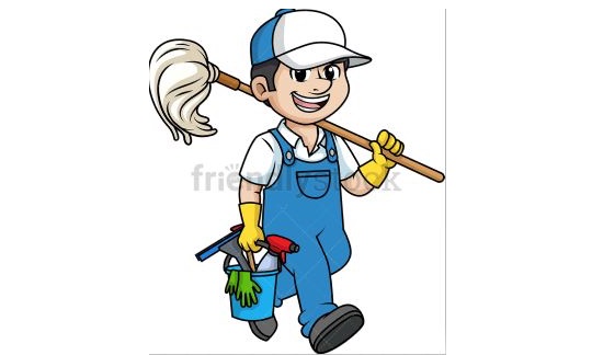 A cartoon caretaker in blue overalls, white shirt, yellow gloves, and a blue-and-white cap smiles whilst carrying a mop over his shoulder and a bucket filled with cleaning supplies in his other hand.
