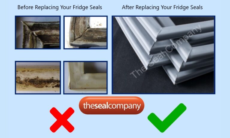 A comparison image showing dirty, mouldy fridge seals labelled Before Replacing Your Fridge Seals on the left, and clean, new grey seals labelled After Replacing Your Fridge Seals on the right. A red X and a green tick with thesealcompany are at the bottom.