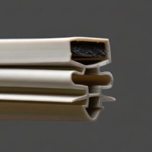 Close-up of a beige rubber weatherstripping seal with a hollow centre and black foam insert, designed for doors or windows. The seal features multiple grooves and channels, highlighting its flexible and layered construction against a grey background.