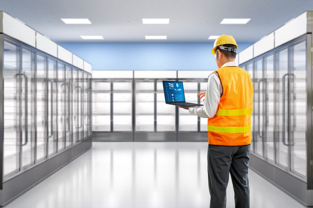 A man in a yellow hard hat and orange safety vest stands in a brightly lit, empty supermarket aisle with glass-door fridges, holding and working on an open laptop, possibly inspecting or managing stock or equipment.