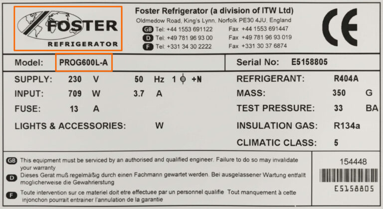A close-up of a fridge data plate showing the brand logo and model highlighted