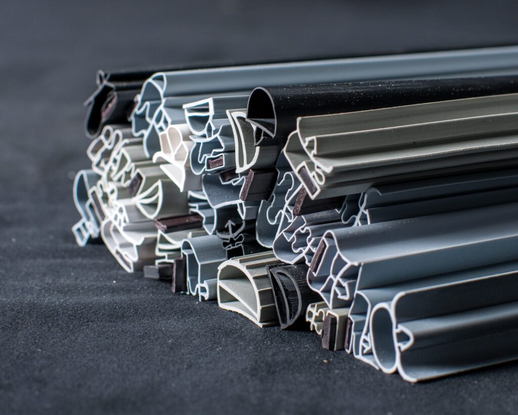 A close-up photo of various metal and plastic extrusions stacked together on a dark surface, showing their cross-sectional profiles with different intricate shapes and sizes, highlighting industrial engineering and material diversity.
