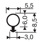 The TSC-5050-R shows a circle with a downward arrow beneath it. Marked dimensions are 5.5 units wide, 8.5 units tall, 3.0 units at the base, and a circle diameter of 6.9 units.