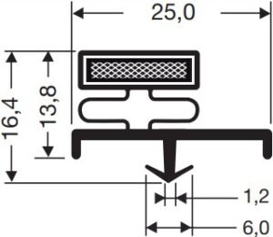Technical diagram of the H&K International E90265 Door Gasket Seal, a T-shaped rubber profile: top width 25.0 mm, height 16.4 mm, middle 13.8 mm wide, and bottom groove 6 mm wide with walls 1.2 mm thick.