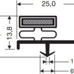 Technical drawing of the H&K International E90263 Door Gasket Seal cross-section with rectangular mesh centre. Dimensions: width 25.0 mm, height 16.4 mm, mesh area height 13.8 mm, base width 6.0 mm, thickness 1.2 mm.