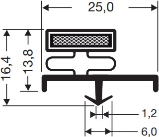 Technical drawing of the H&K International E90729 Door Gasket Seal: cross-sectional dimensions are 16.4 mm total height, 13.8 mm central section, 25.0 mm top width, 6.0 mm bottom base width, and a 1.2 mm thin centre segment at the base.