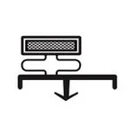 Black and white icon representing the H&K International T03181 Door Gasket Seal: a rectangular mesh object above a wavy line and flat surface, with a bold downward arrow indicating air or fluid flow down through the seal.