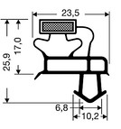 Black-and-white technical diagram of TSC-2105-D rubber seal cross-section, with arrows and measurements: height 25.9 mm, inner height 17.0 mm, top width 23.5 mm, base widths 6.8 mm and 10.2 mm. Detailed grooved top section shown.