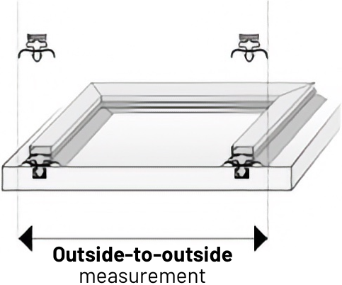 A diagram showing a cross-section of a seal mounted onto a surface. It shows two lines across the two parallel outsides of dart seals, with an arrow between the lines to demonstrate the outside-to-outside measurement.